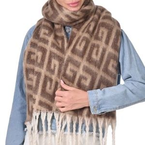 Unisex Khaki, Maze Printed Fringe Scarf
